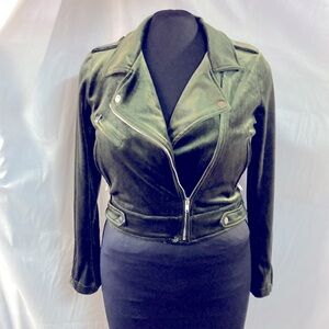 Green stretch velvet cropped moto jacket with chrome zips large